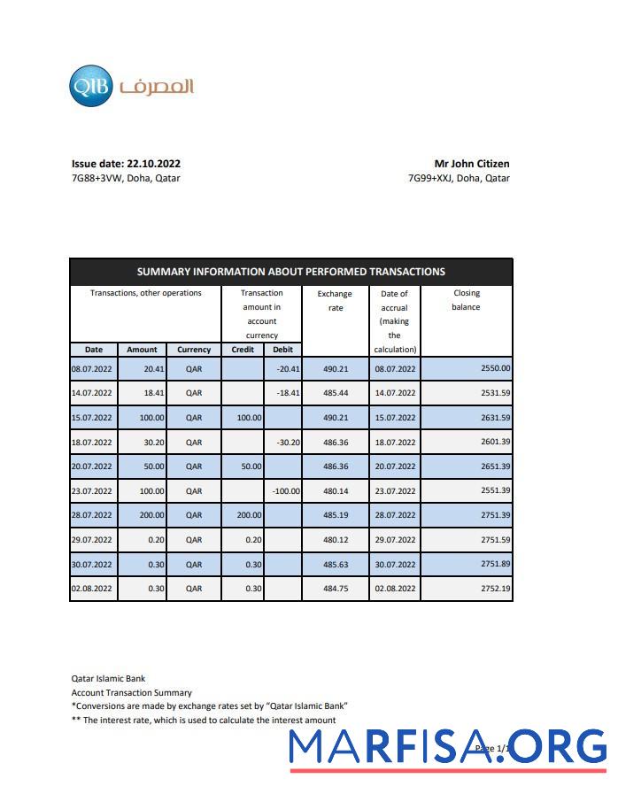 Blank Qatar Qatar Islamic bank statement excel real example